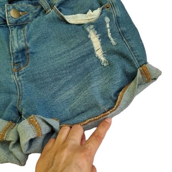 Forever 21 womens blue denim shorts size US 29 distressed pockets zip button - Picture 6 of 7